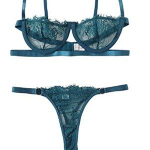 Teal Blue Sexy Lace Strap Bralette Bra and Panty